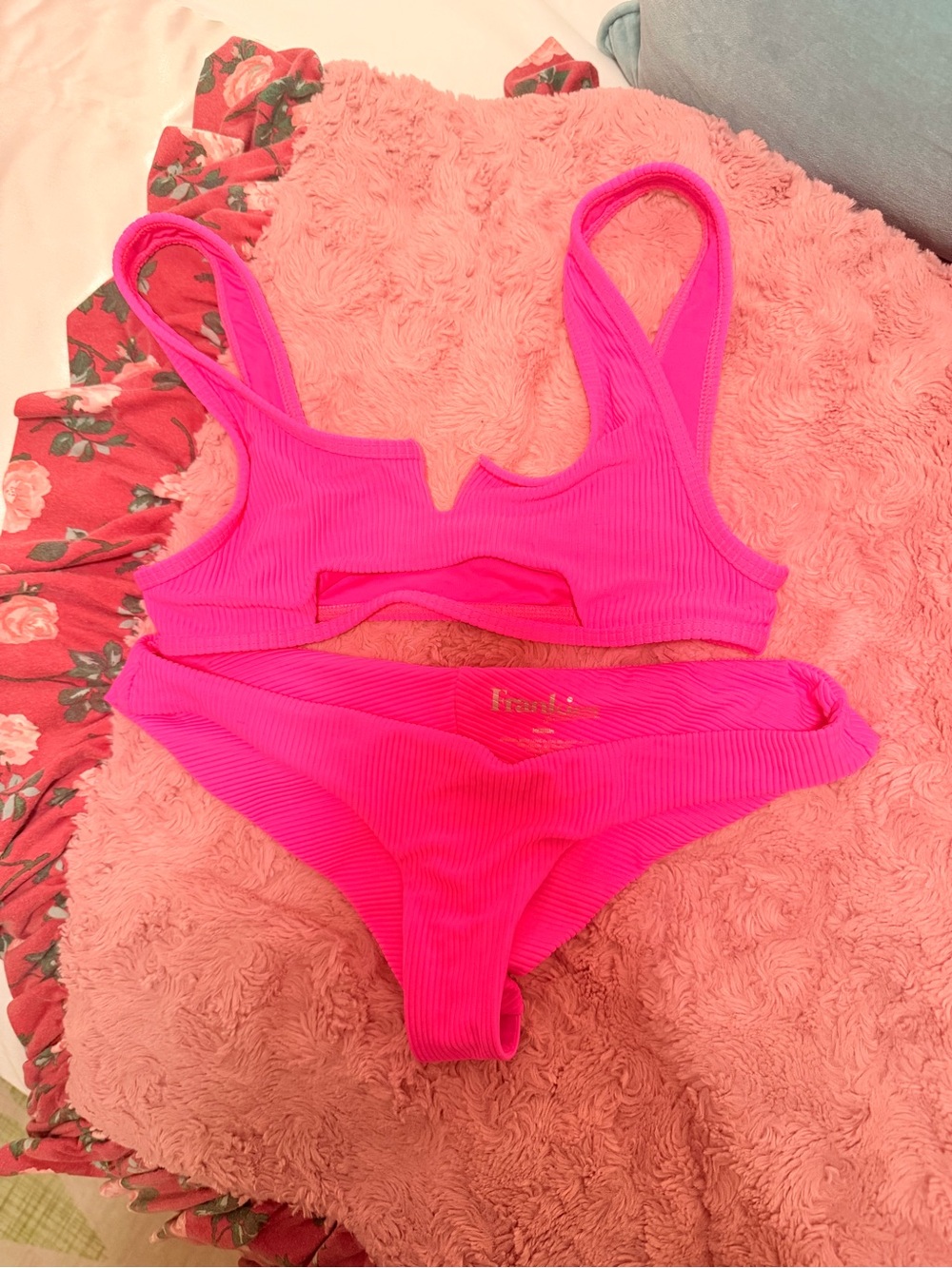 Frankie's Bikinis Ribbed Neon Pink Scoop Bikini Set